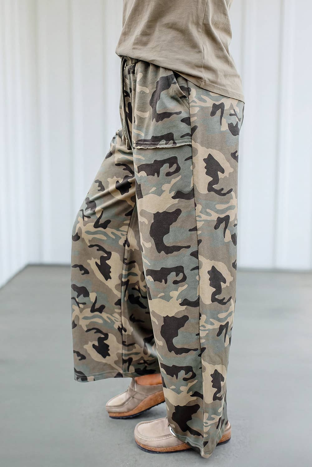 Camouflage Drawstring Wide Leg Casual Pants