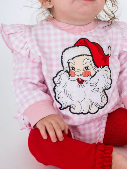 Baby Girls Dear Santa Pink Gingham Applique Sweatshirt Bubble Romper