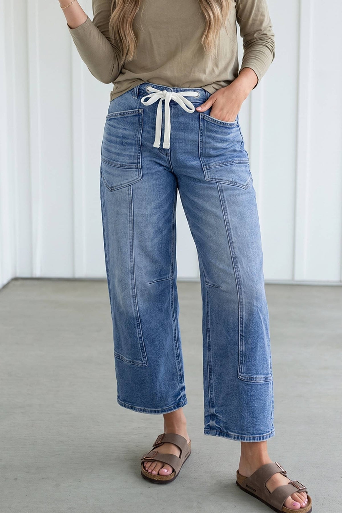 Solid Patchwork Pockets Straight Jeans