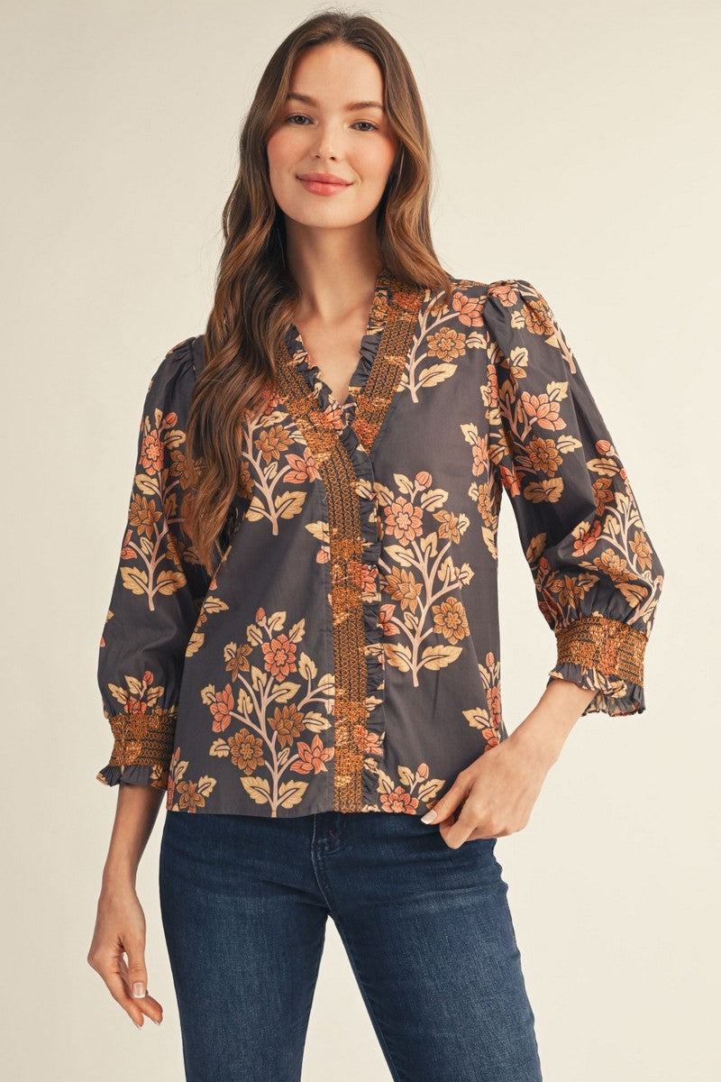 Embroidered Smocking Detail Plus Floral Top
