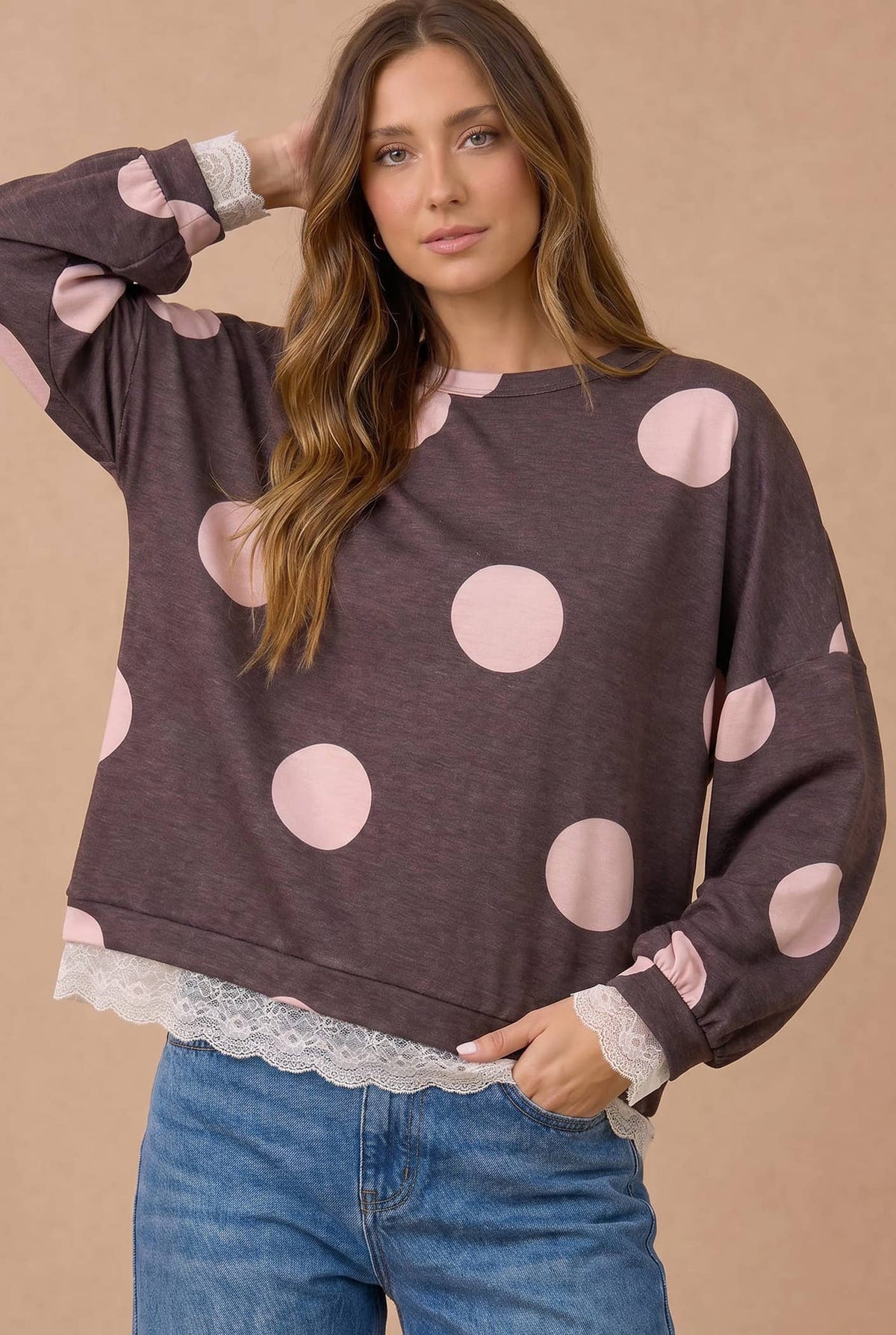 Dot Print Scallop Lace Hem Pullover Top