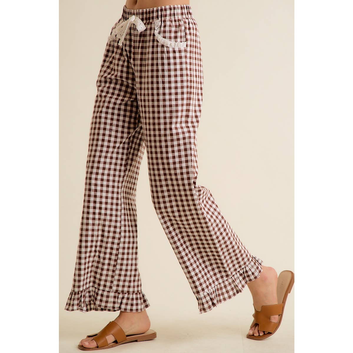 GINGHAM LACE RUFFLED PULL ON PANTS