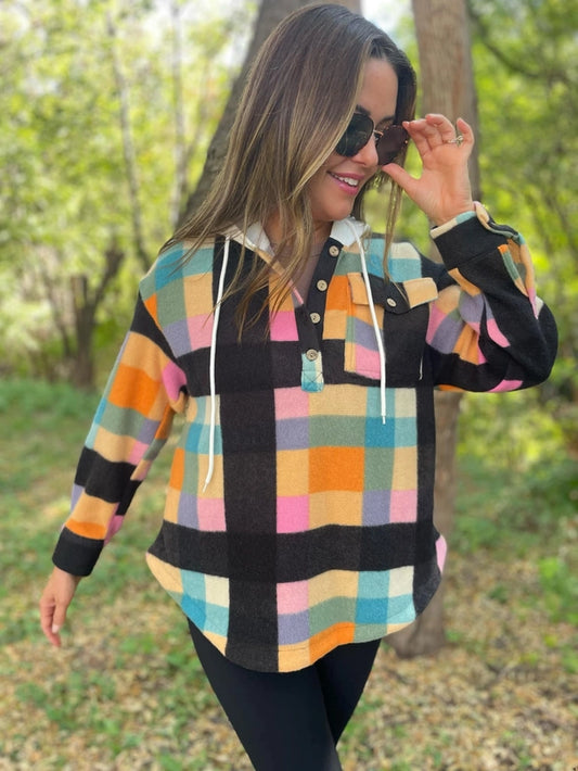 Rainbow Plaid Button Hoodie