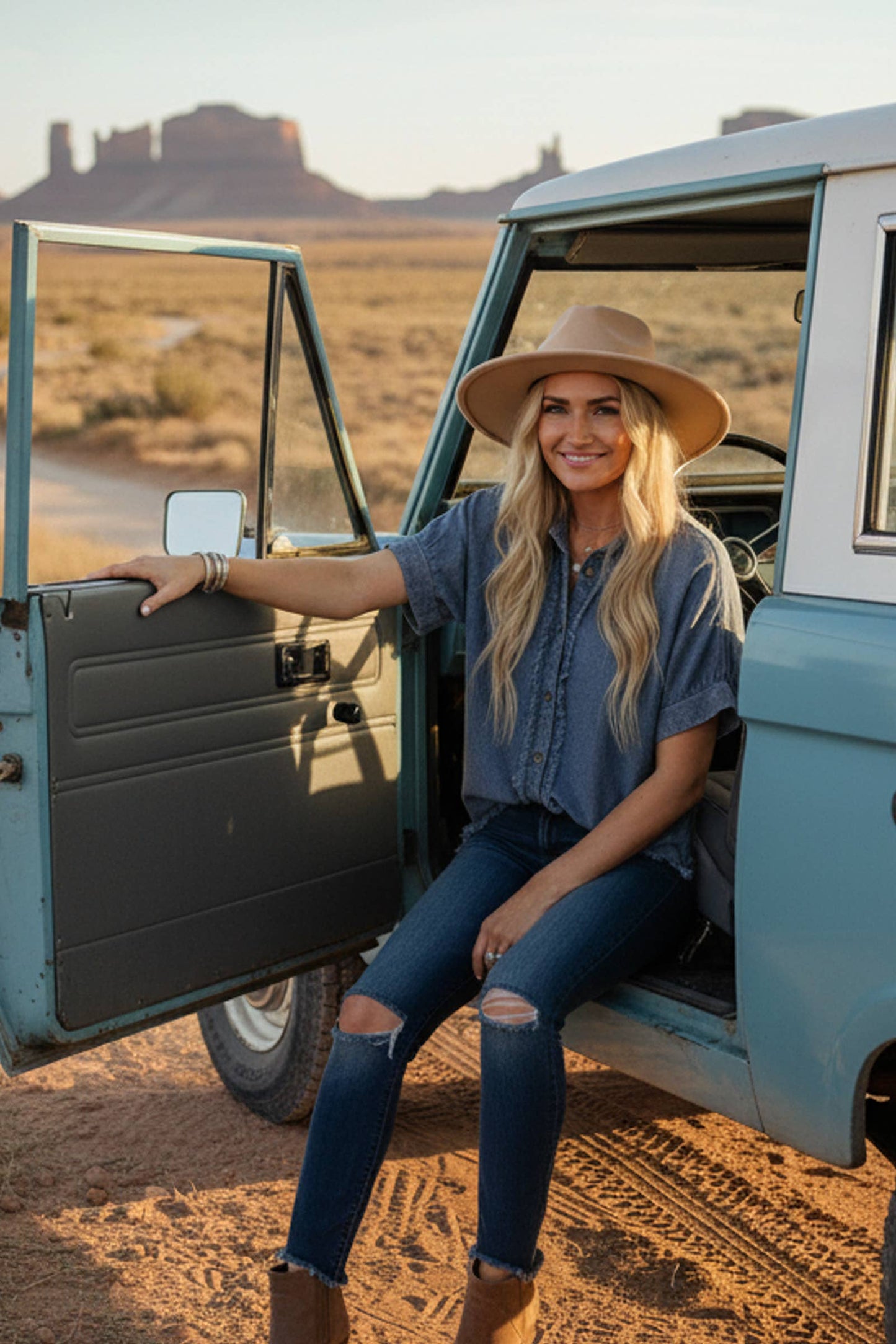 Frayed Trim Denim Button Top
