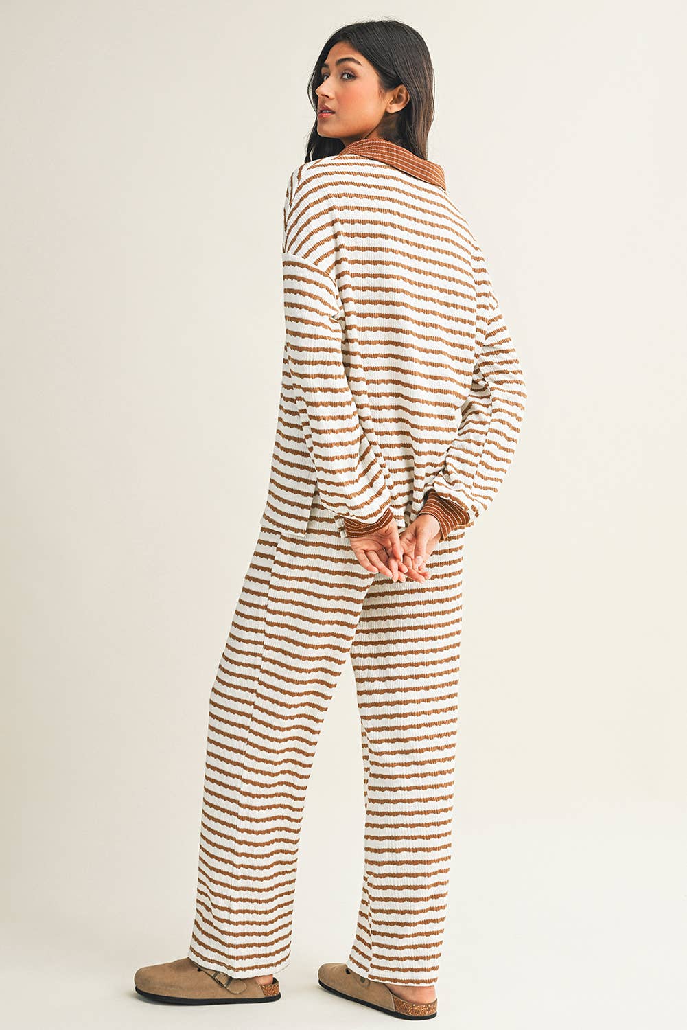 Stripe Collared Pullover Top and Drawstring Pant Set