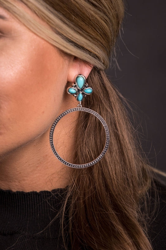 Silver Dotted Hoop Earring on Turquoise Cluster Post