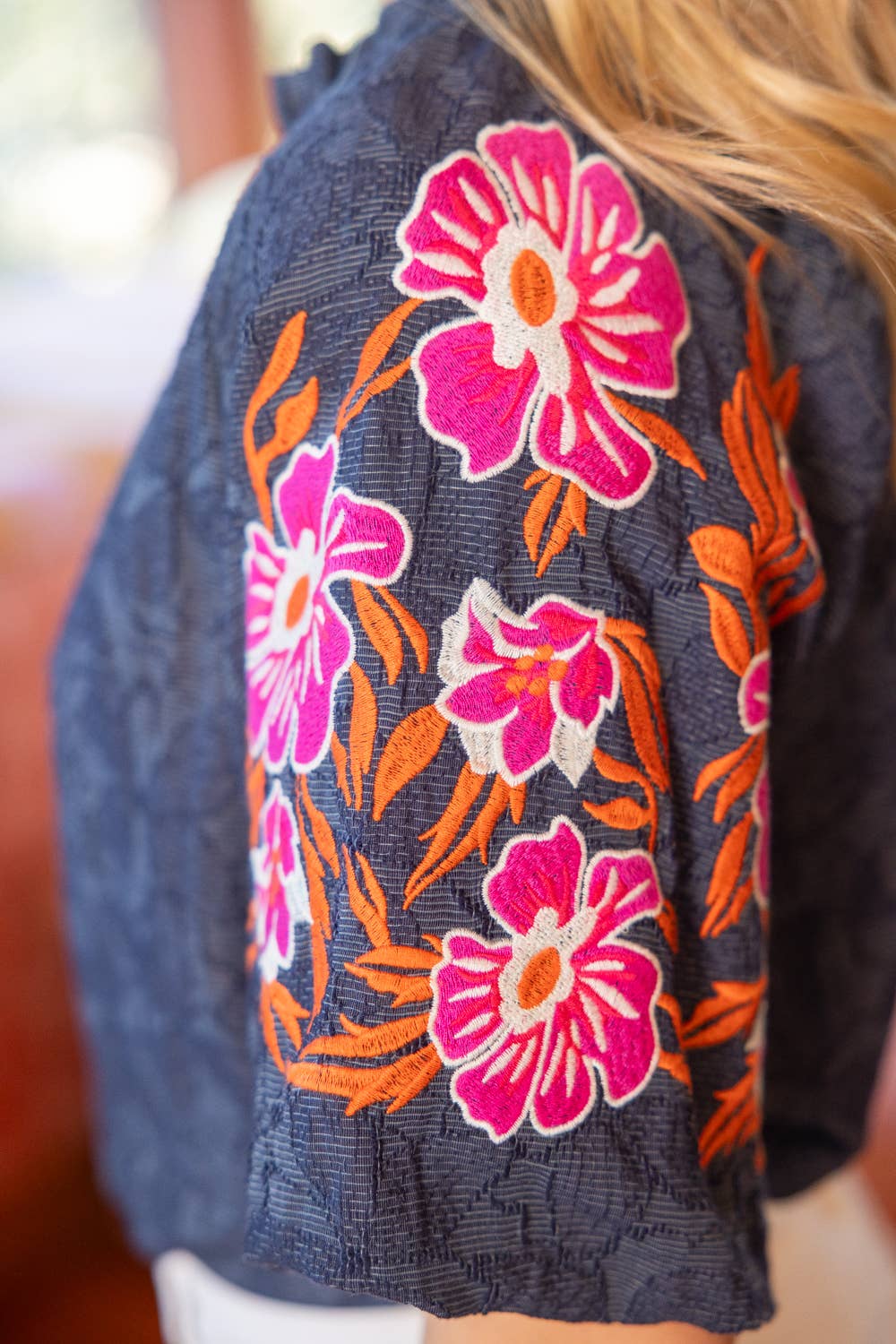 Embroidered Raglan Sleeve Floral Textured Top
