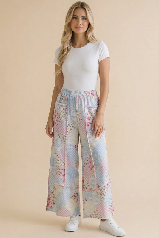 Floral Patchwork Reverse Stitch Wide Leg Pants