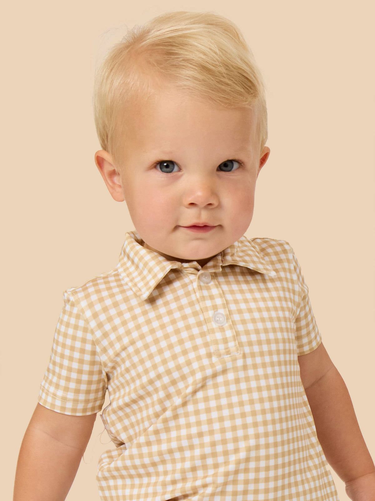 Boys Khaki Mini Gingham Knit Short Sleeve Performance Polo