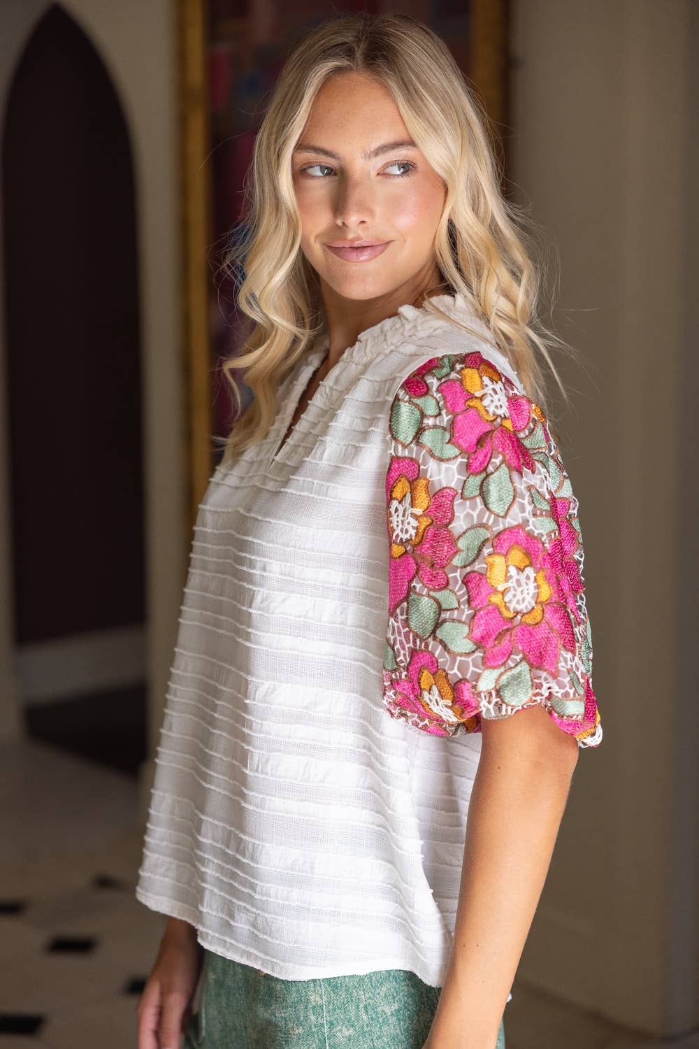 Floral Embroidered Short Bubble Sleeve Top