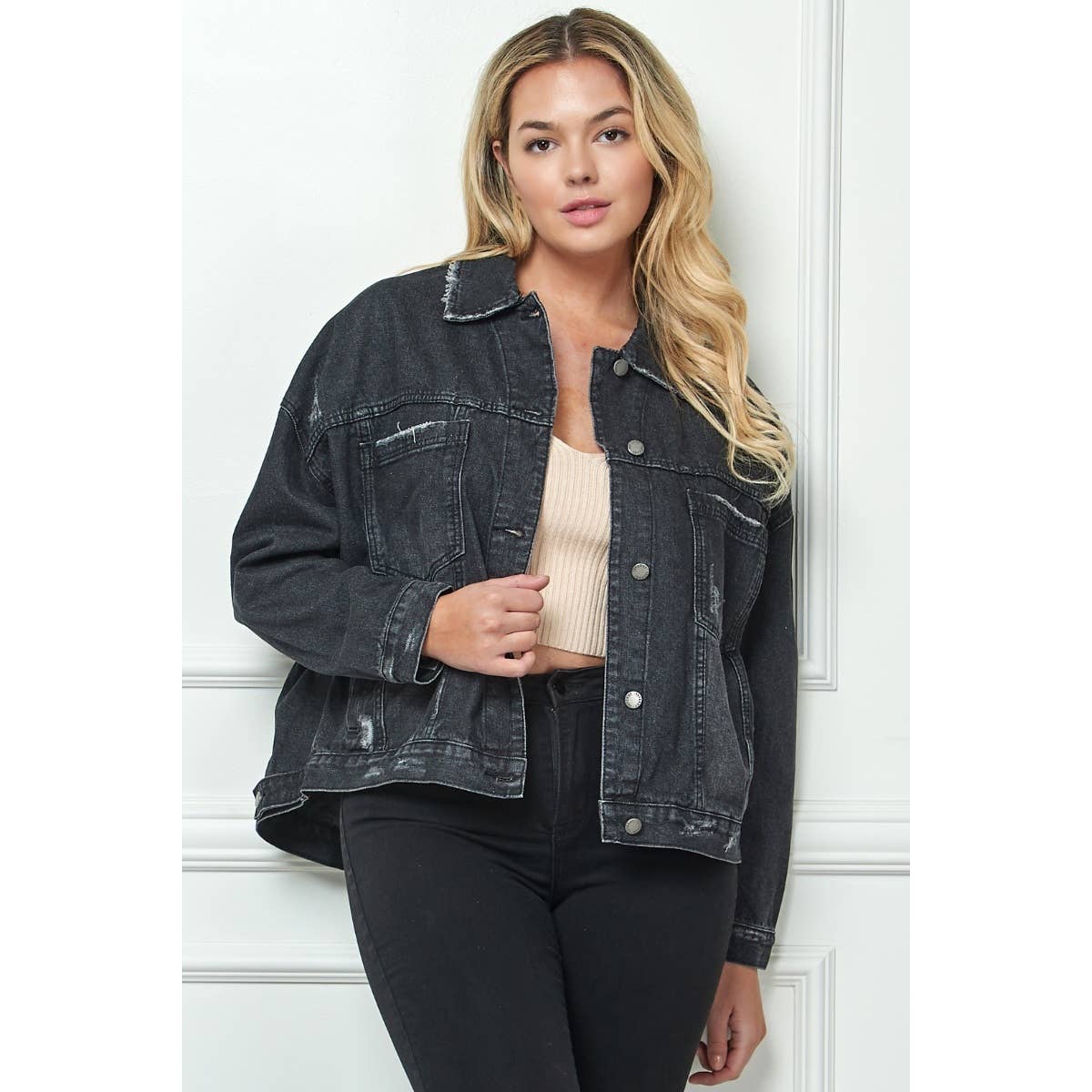 Plus Size Oversize Pleated Back Color Denim Jacket