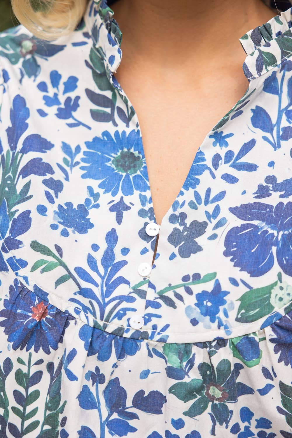 Quarter Button Round Yoke V-Neck Floral Print Top