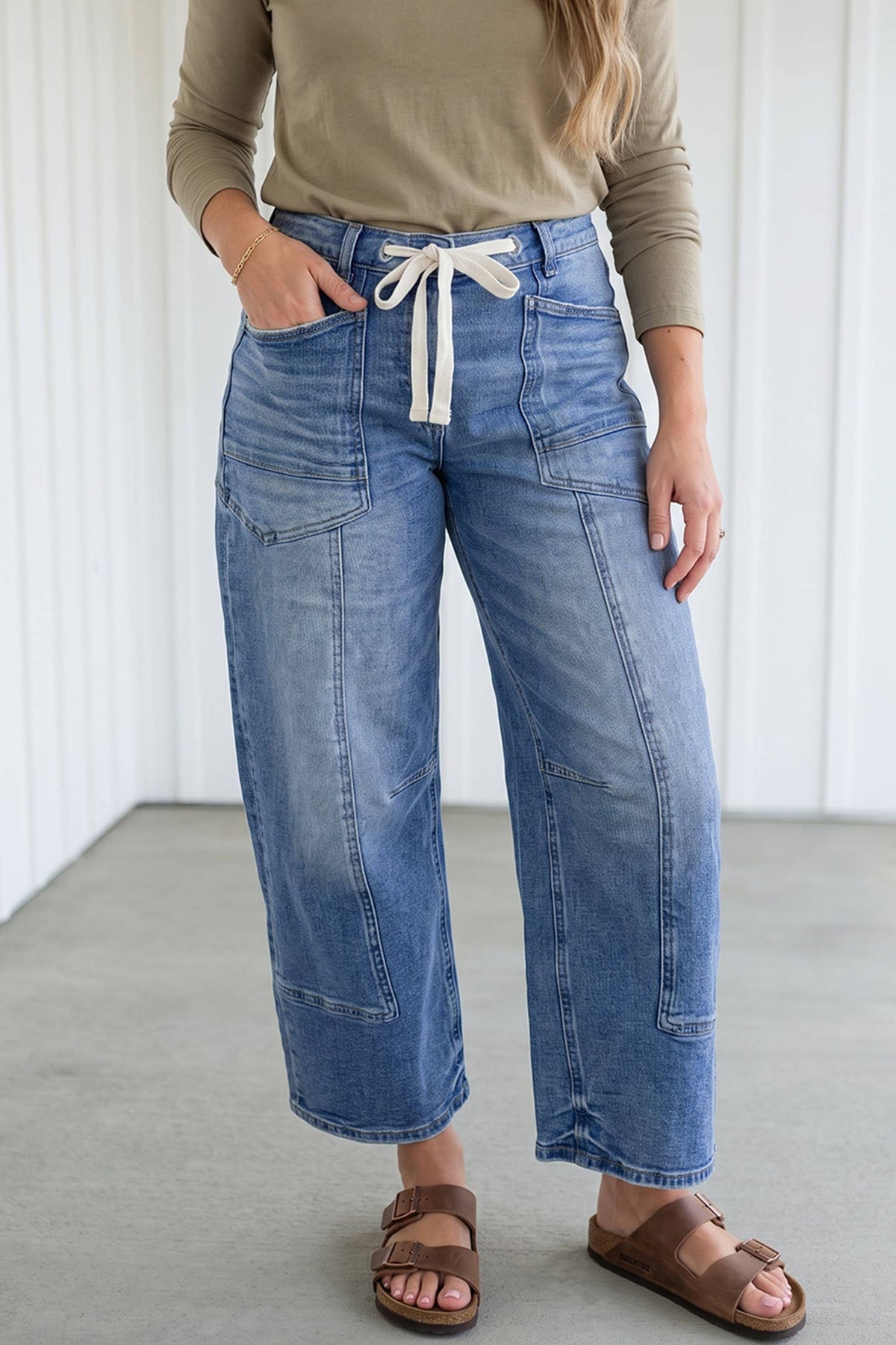 Solid Patchwork Pockets Straight Jeans