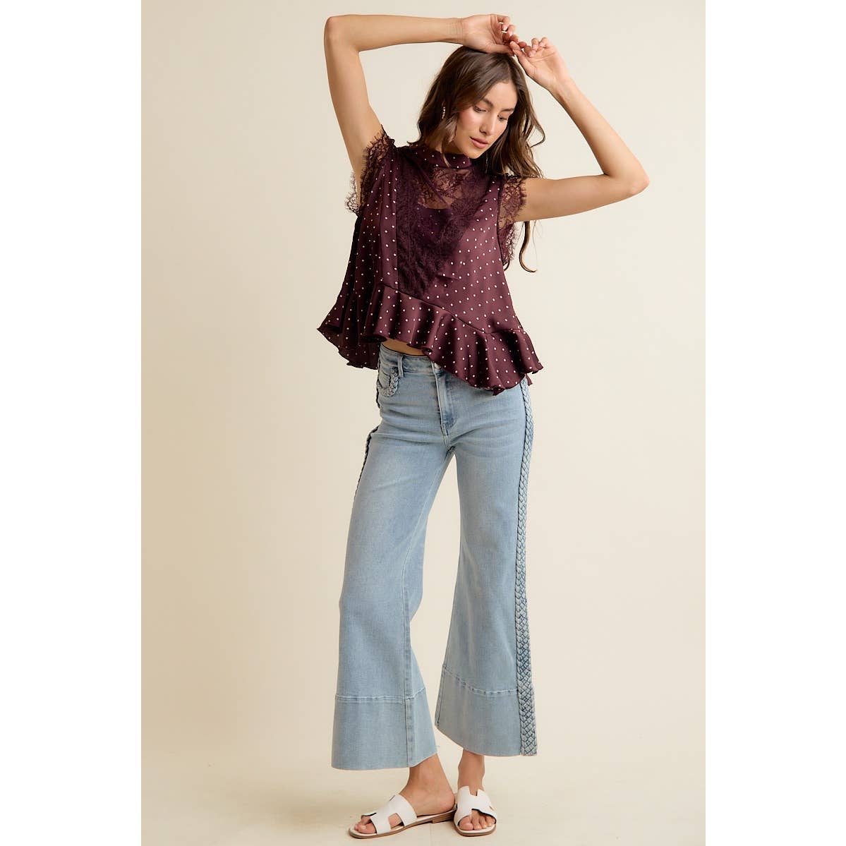 POLKA DOT SATIN LACE TRIM RUFFLED HIGH NECK BLOUSE TOP