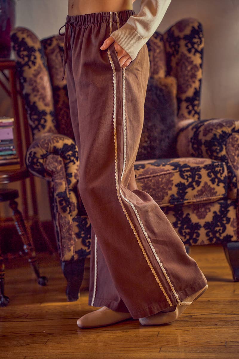 SIDE LACE TRIM COTTON DENIM WIDE LEG PULL ON PANTS