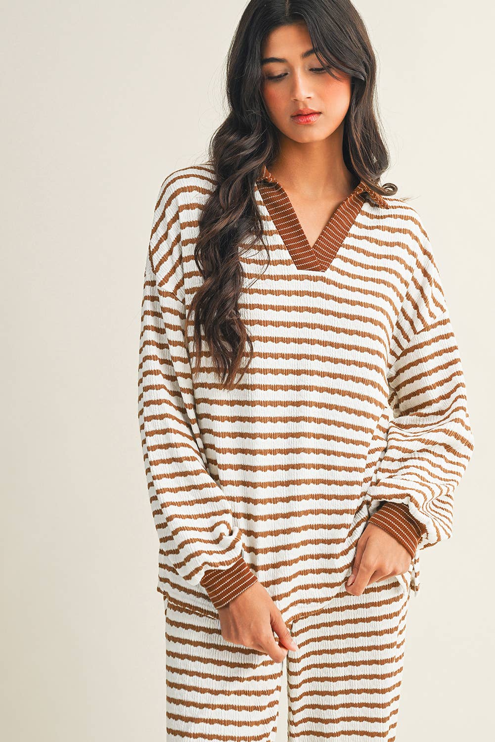 Stripe Collared Pullover Top and Drawstring Pant Set