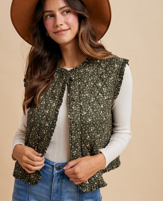 Ditsy Print Olive Quilt Vest