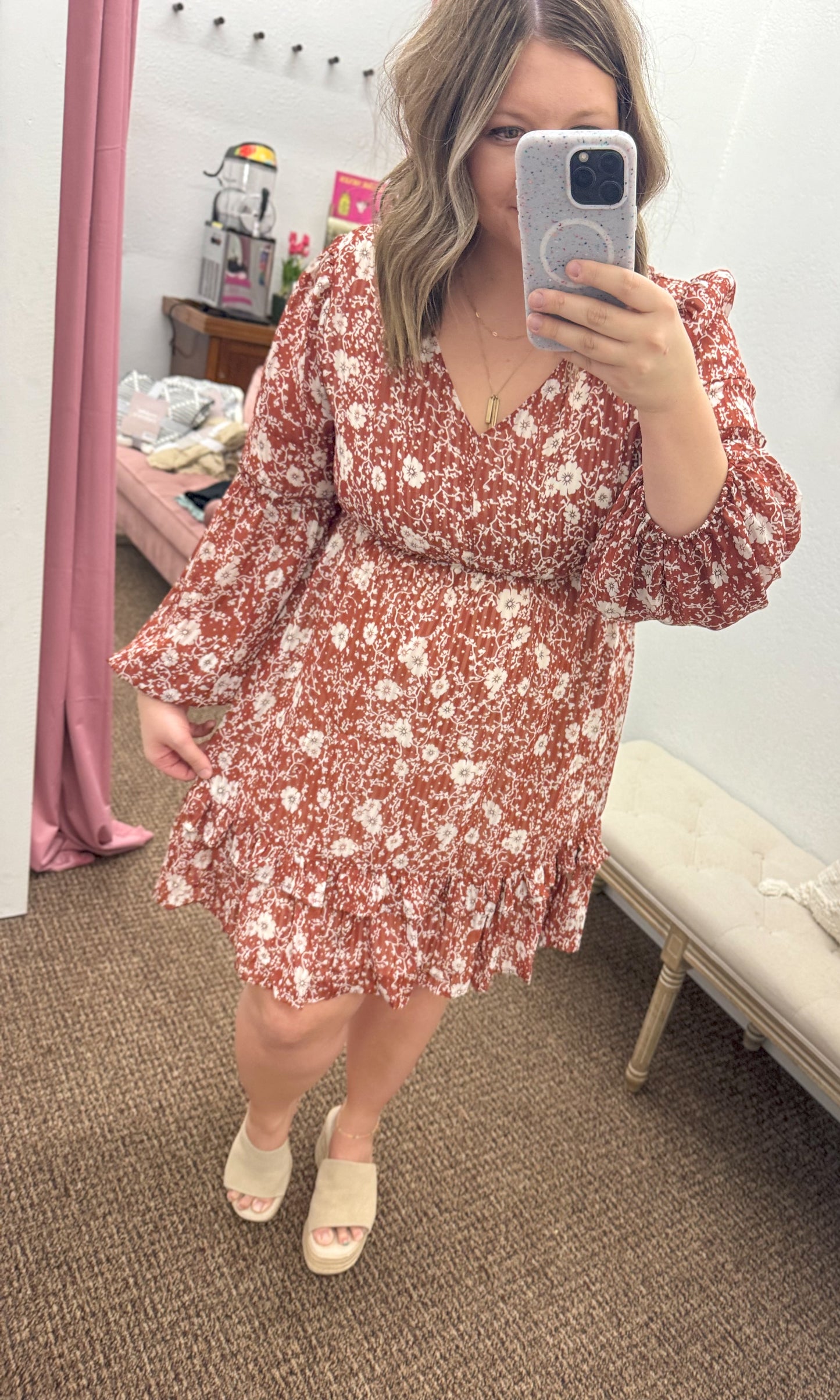 Boho Floral Ruffle Puff Sleeve V Neck Dress