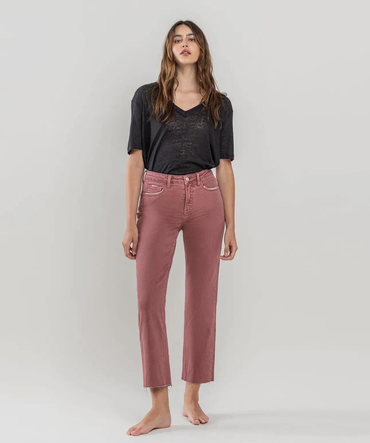 Wine High Rise Stretch Straight Leg Jeans