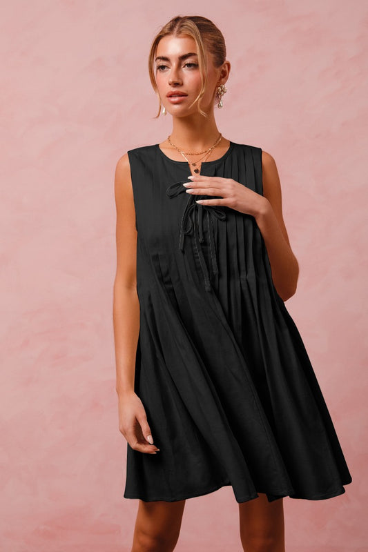Box Pleated Sleeveless Linen Blend Woven Dress
