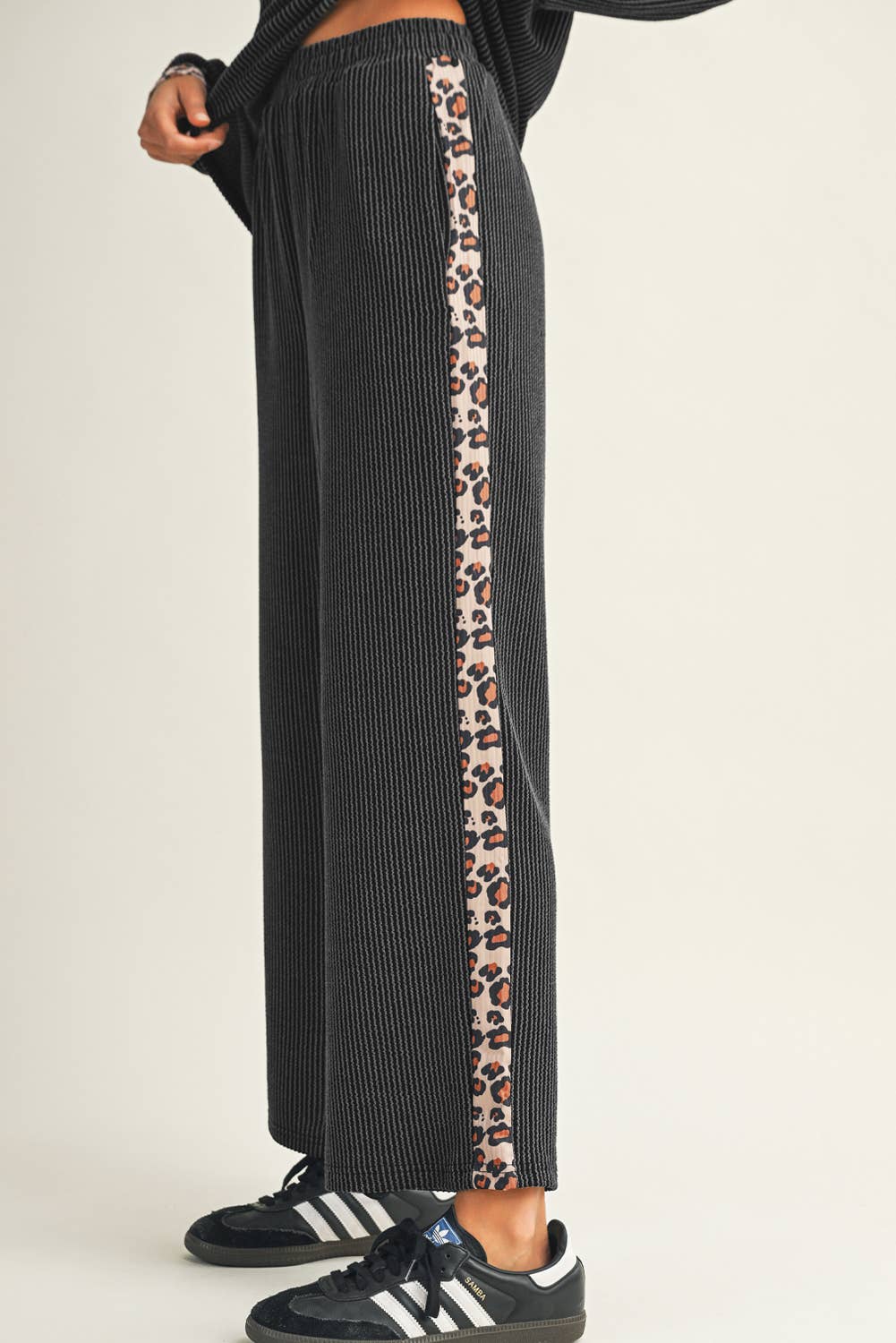 Twisted Rib Leopard Patchwork Detail 2pcs Pant Set