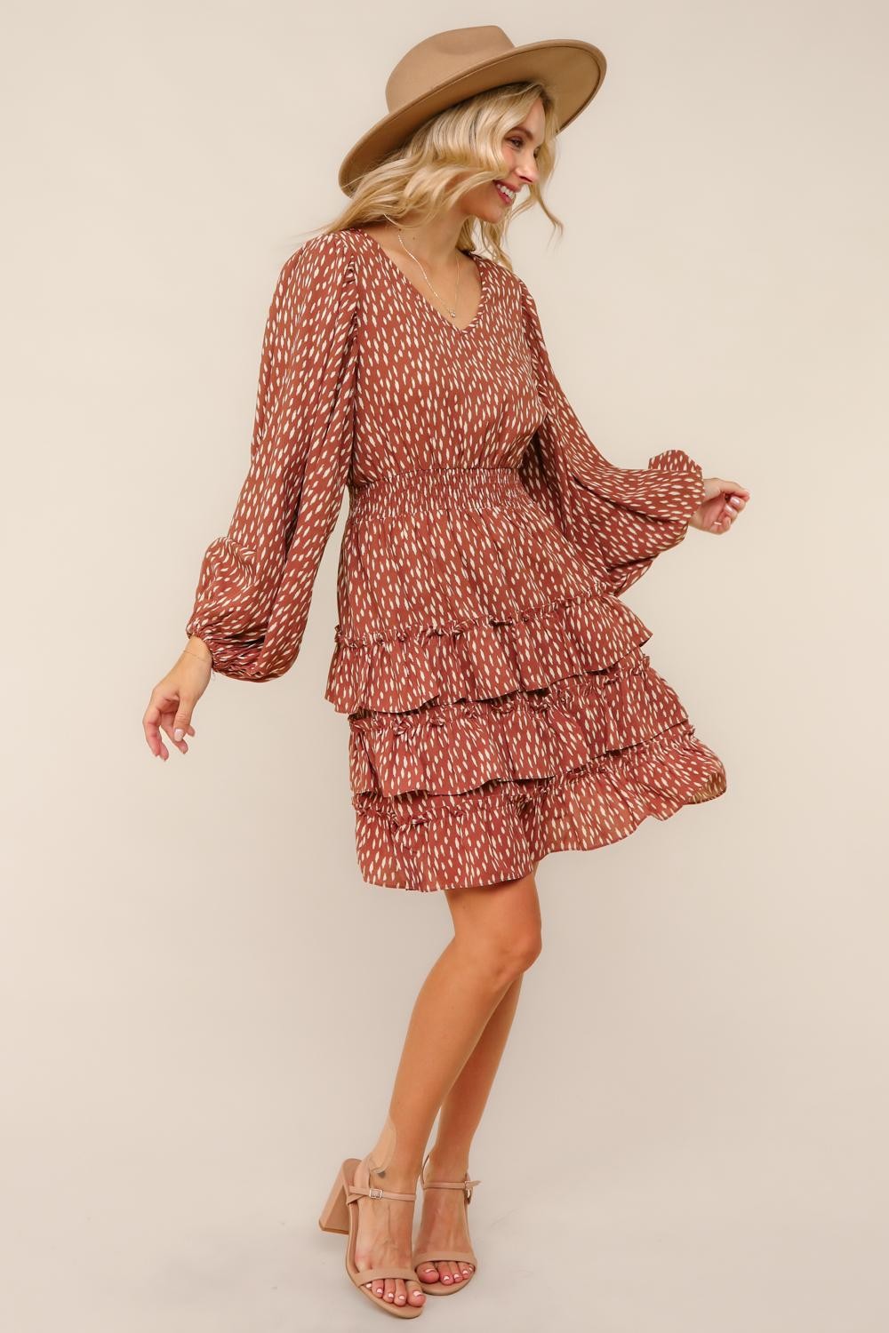 Elastic Smocked Waist Ruffle Midi Woven Dress