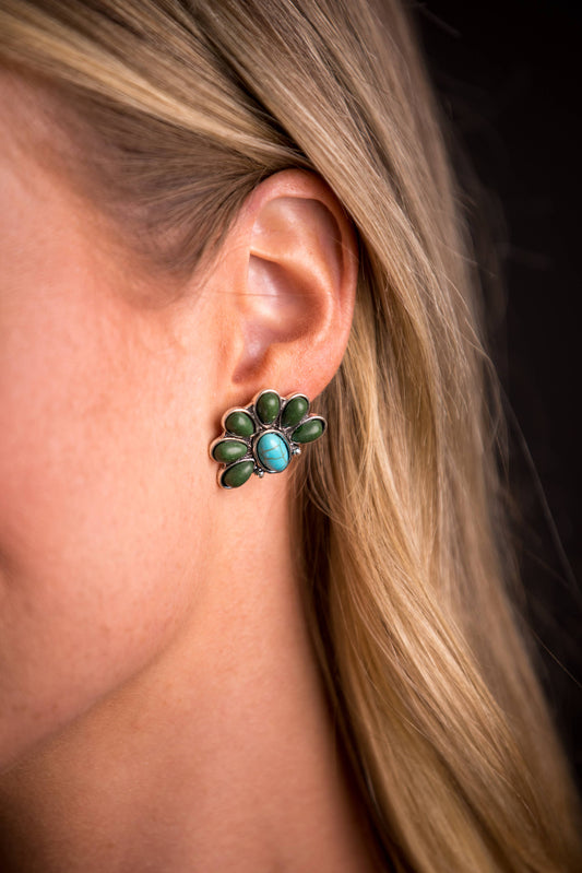 1" Turquoise and Green Half Flower Post Earring