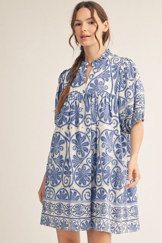 Boho Floral Print Eyelet Babydoll Dress