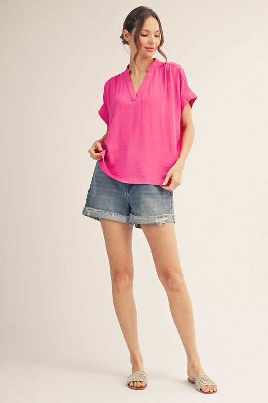 Pink Drop Shoulder Solid Crinkled V Neck Top