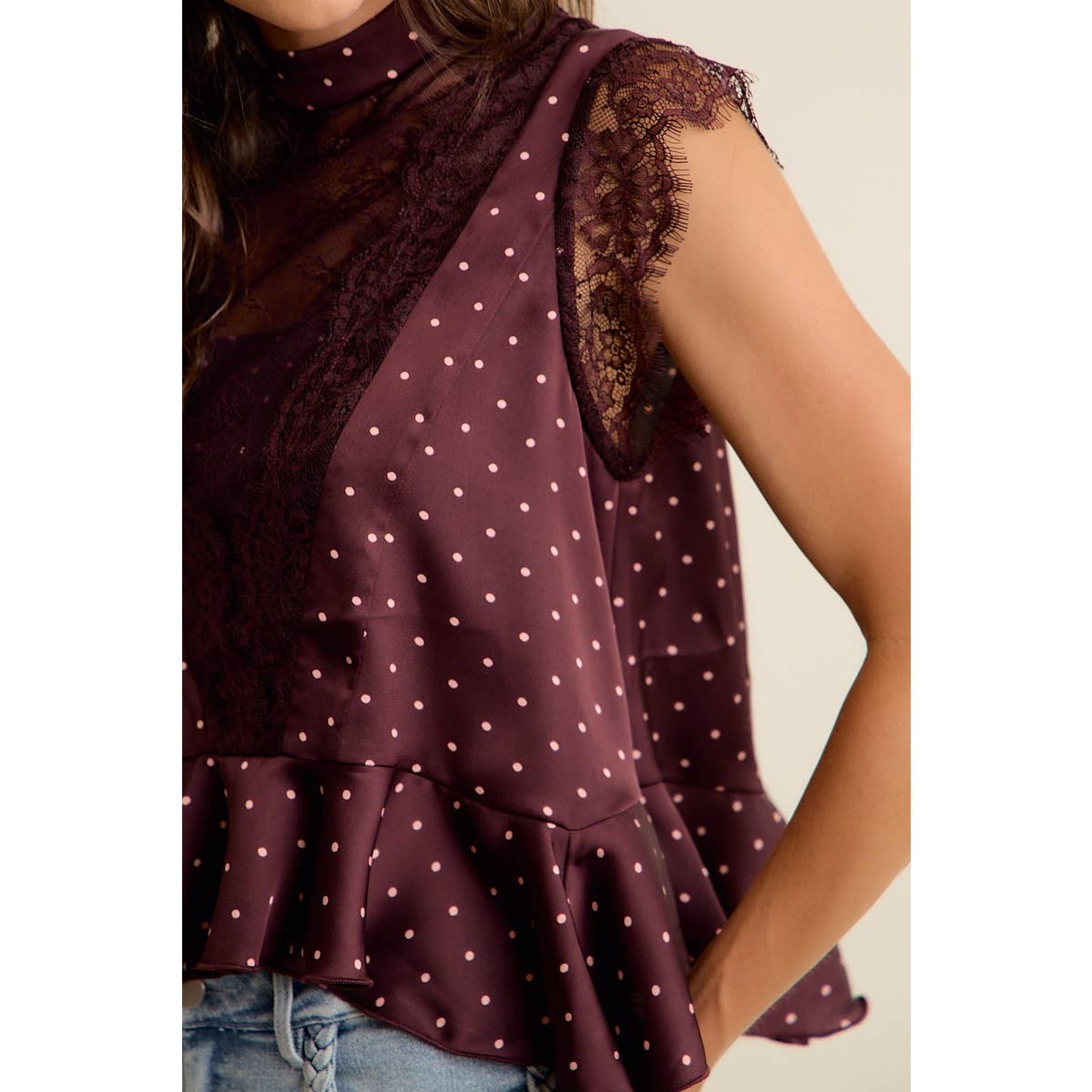 POLKA DOT SATIN LACE TRIM RUFFLED HIGH NECK BLOUSE TOP