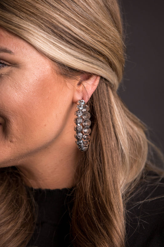 2" Burnished Silver Concho Hoop Earring