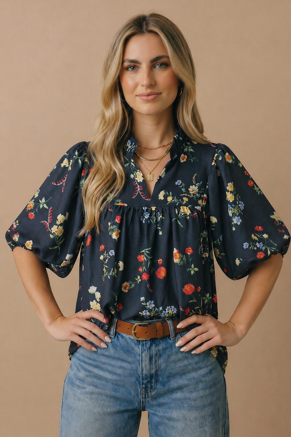 Notch Neck Floral Empire Waist Woven Top