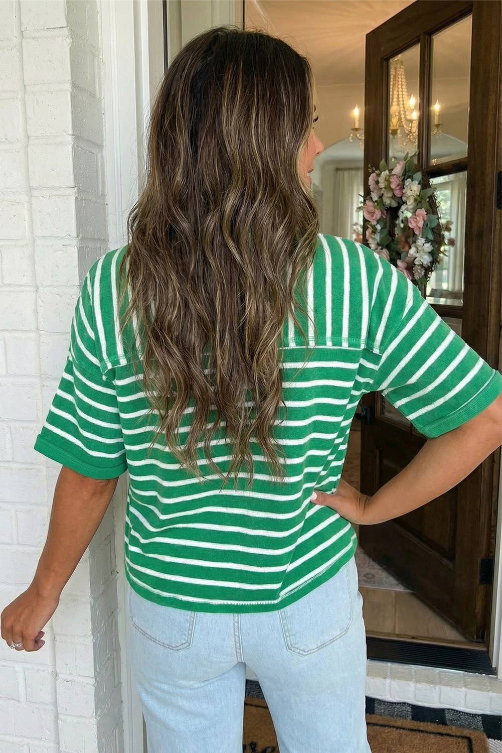 Green  Stripe Ribbed Patchwork Seam Half Sleeve Tee
