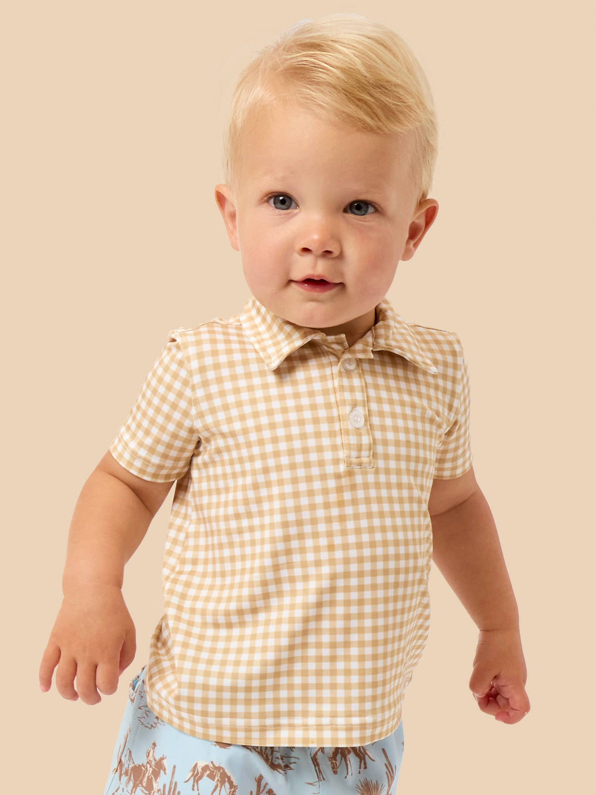 Boys Khaki Mini Gingham Knit Short Sleeve Performance Polo