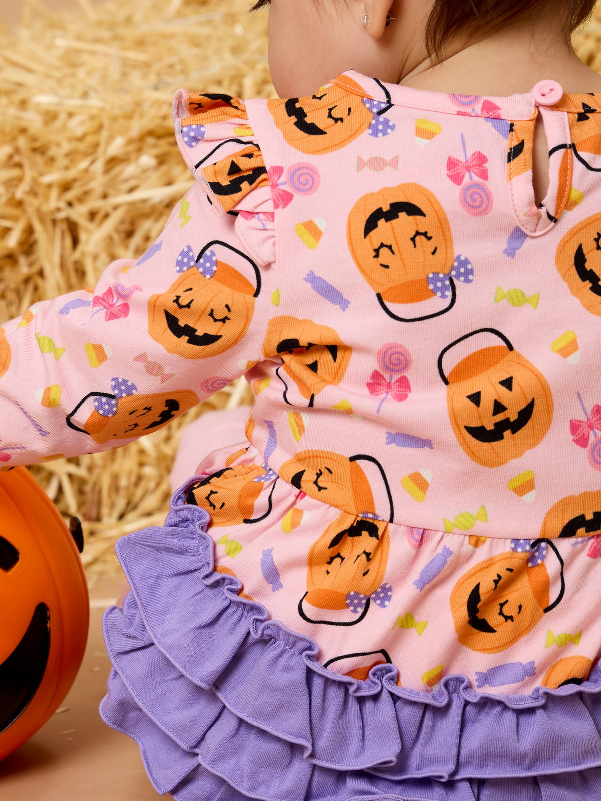 Baby Girls Pumpkin Boo Crew Knit Long Sleeve Flutter Bubble Romper