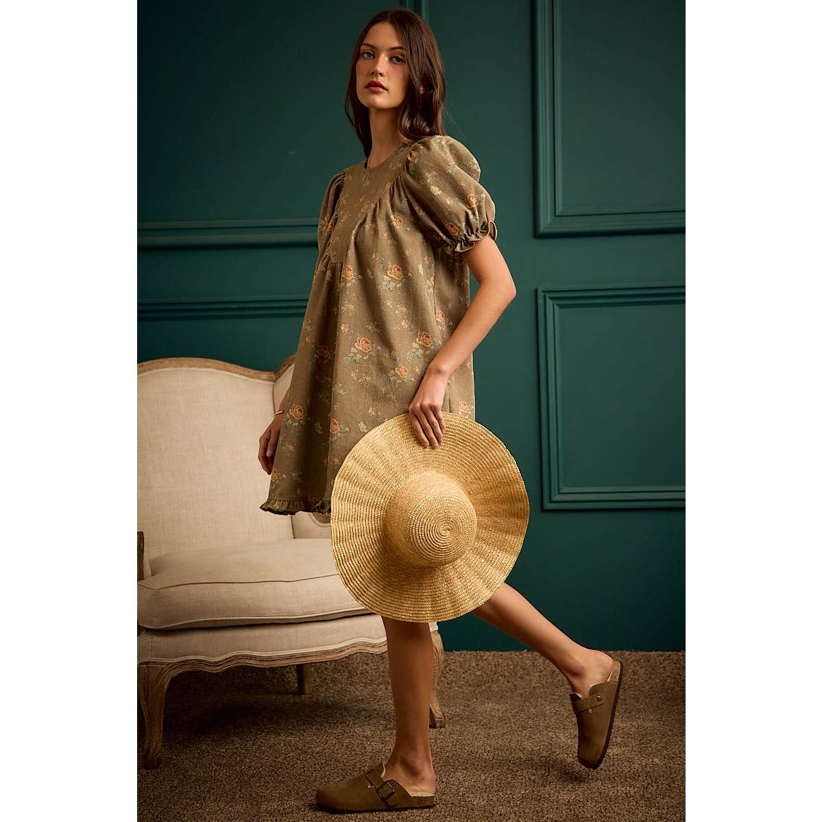 FLORAL RUCHED SHORT PUFF SLEEVE MINI DRESS