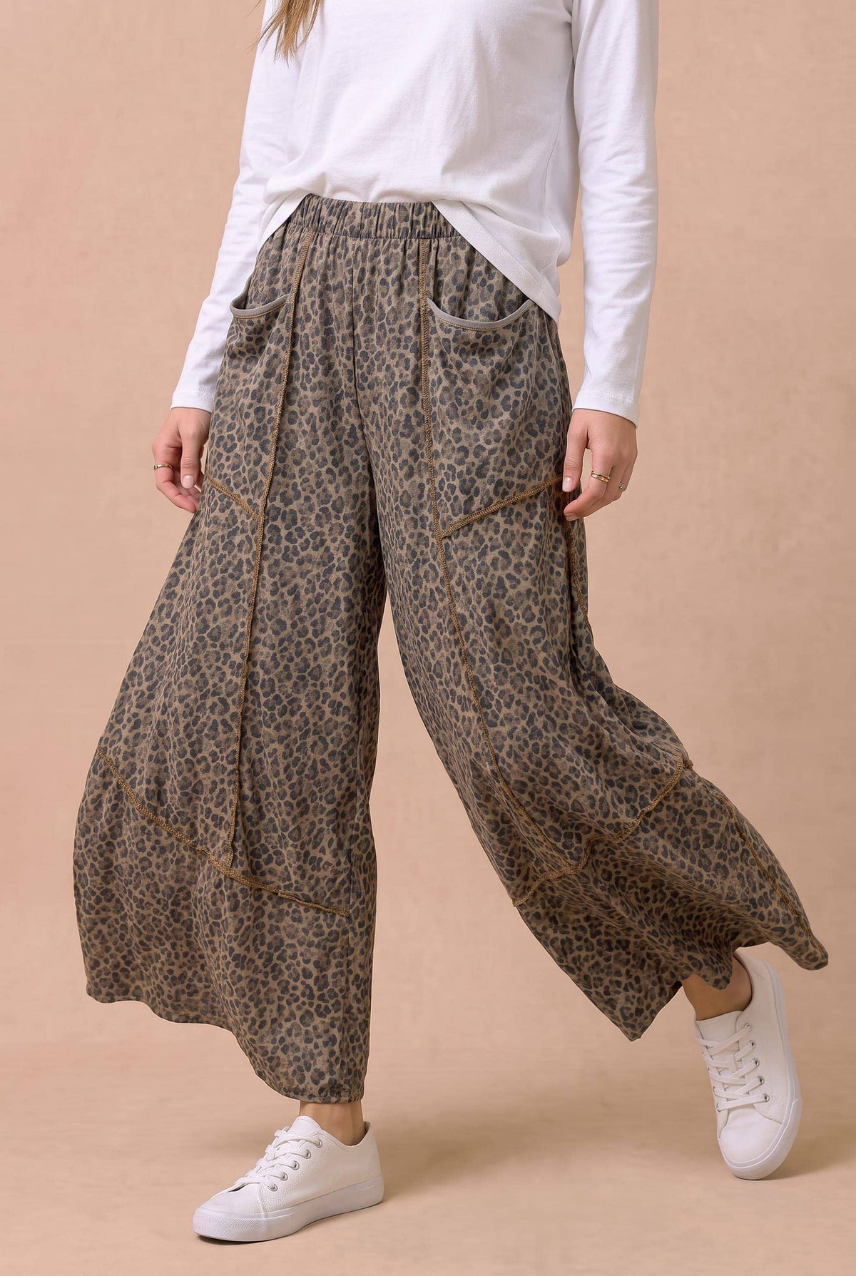 Plus Animal Print Wide Leg Patch Pocket Pants