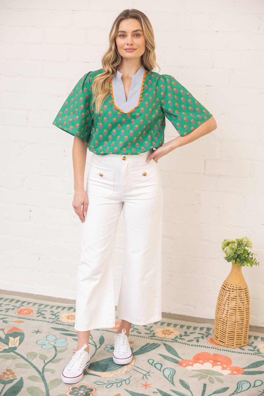 Wavy Trim Striped Yoke Print Top