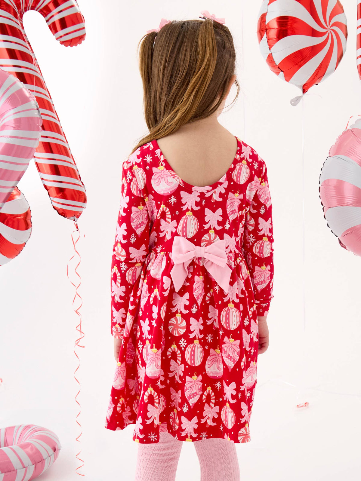 Girls Red Holly Christmas Ornament Bows Knit Long Sleeve Twirl Dress