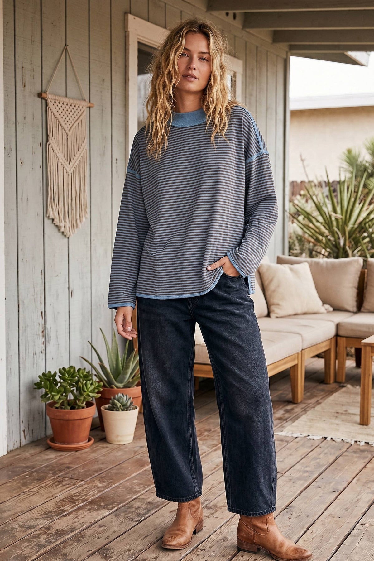Oversized Contrast Trim Striped Top