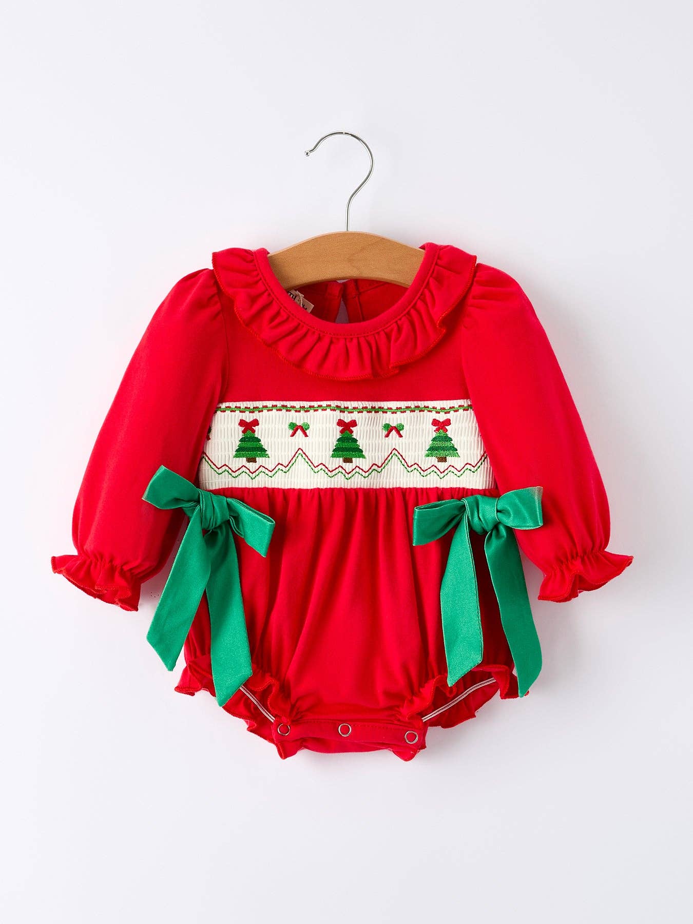 Christmas Smocked Girls Romper with Green Bow and Tree Embroidery