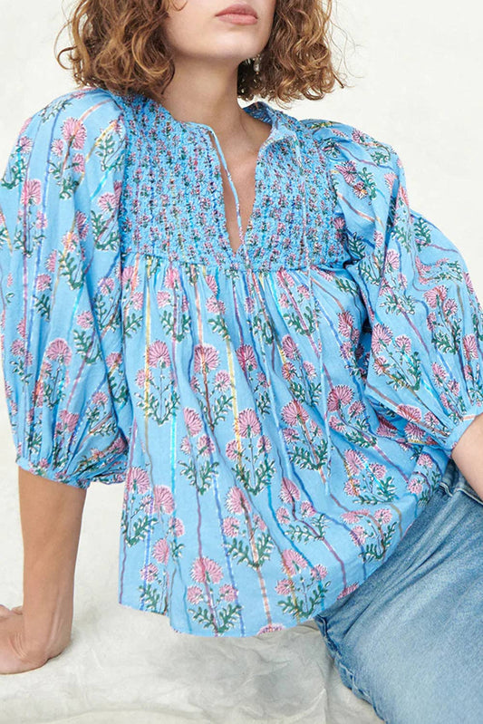 Blue Floral Stripe Puff Sleeve Blouse