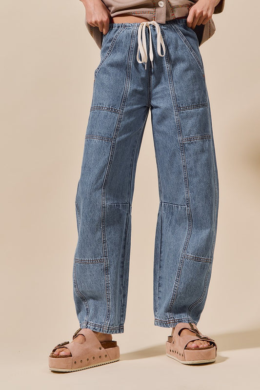 Mid Rise Waist Drawstring Barrel Denim Jeans Pants