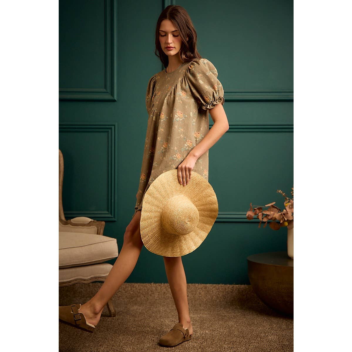 FLORAL RUCHED SHORT PUFF SLEEVE MINI DRESS