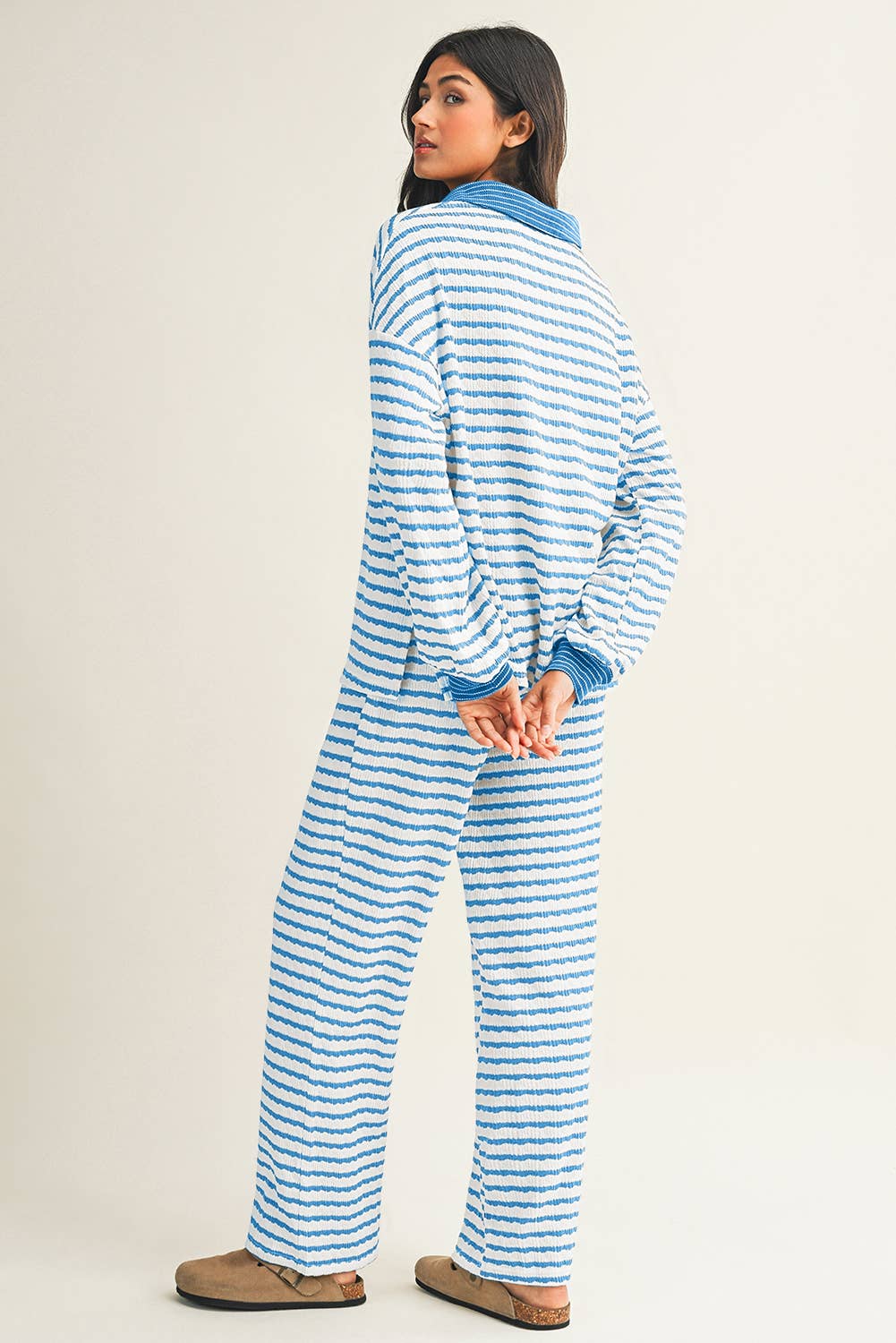 Stripe Collared Pullover Top and Drawstring Pant Set