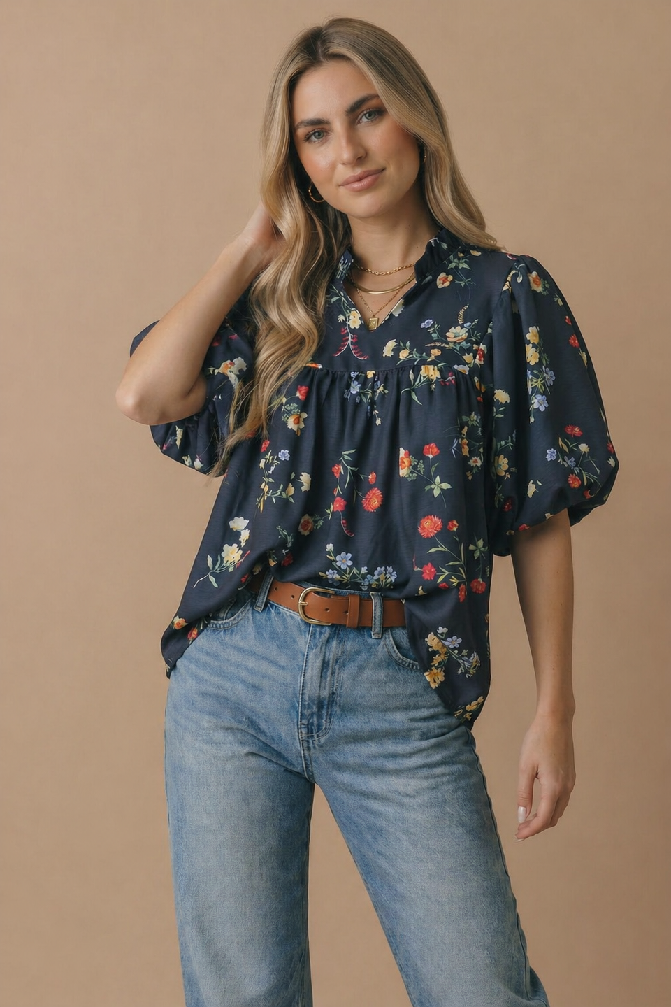 Notch Neck Floral Empire Waist Woven Top