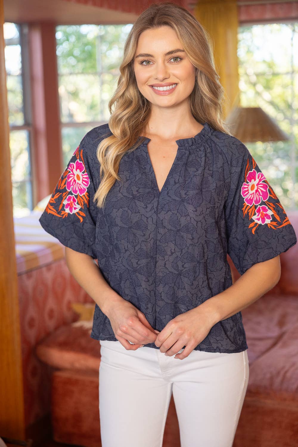 Embroidered Raglan Sleeve Floral Textured Top