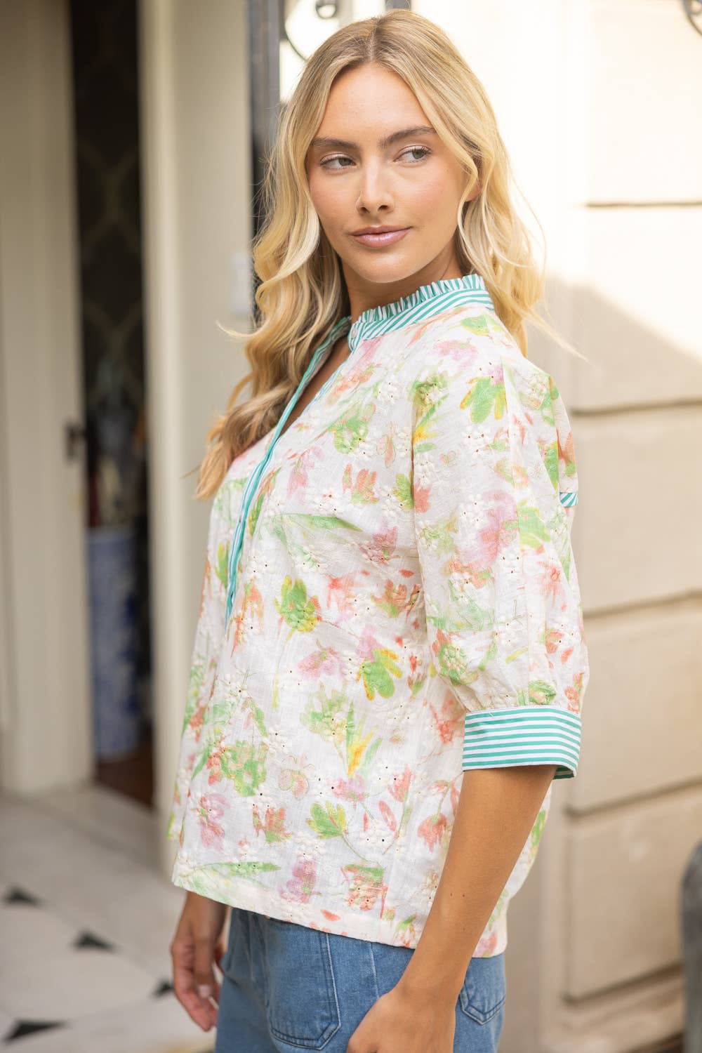 Stripe Contrast Button Down Floral Embroidered Top