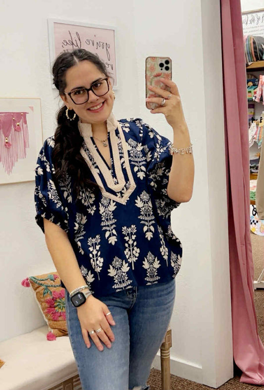 Navy Floral V Neck