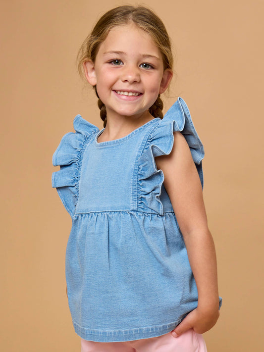 Girls Light Wash Stretch Denim Sleeveless Ruffle Top